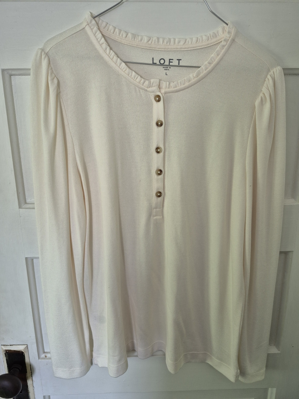 LOFT Cream Long Sleeve Ruffle Henley Top